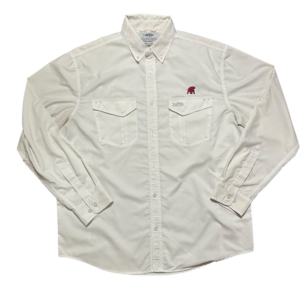 Aftco Button Up Shirt Mens L White‎ Aftech Outdoor Fishing Vented Alabama Tide